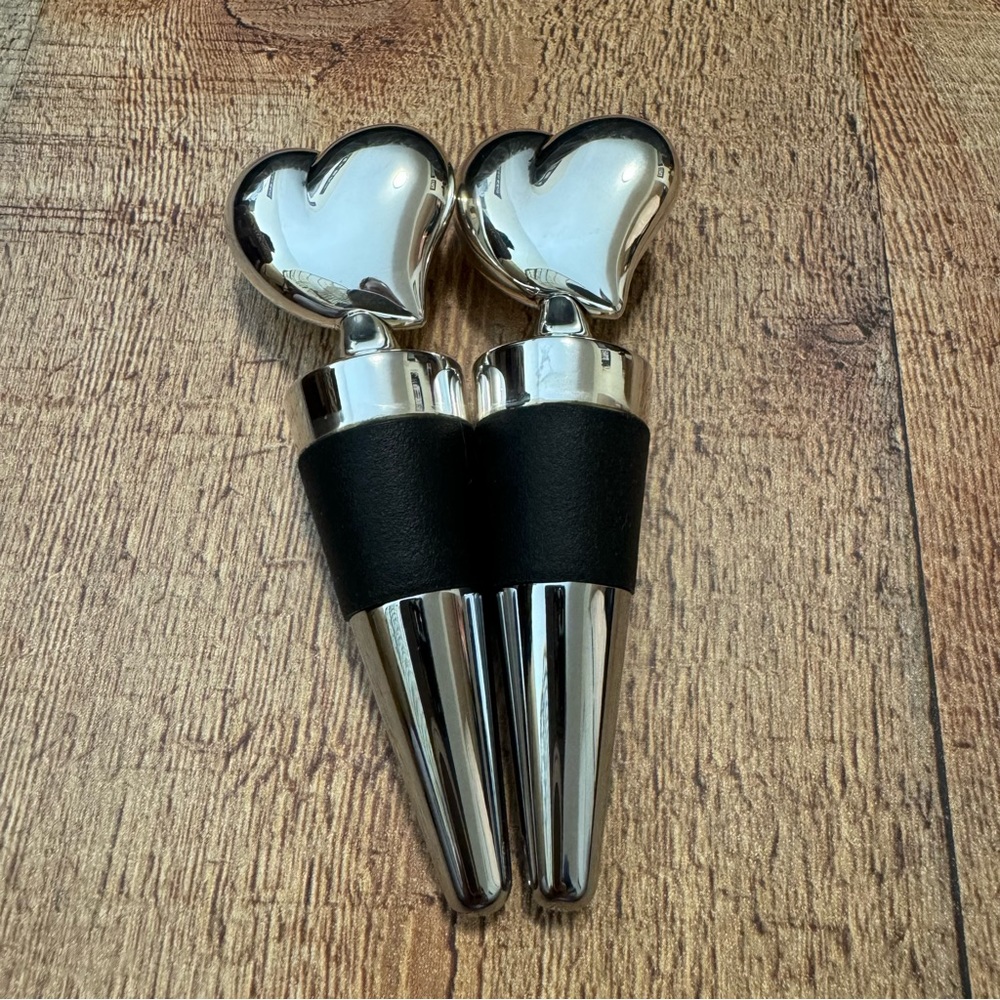 Silver Plated Solid Heart Bottle Stopper with Black Rubber Stopper Set of 2